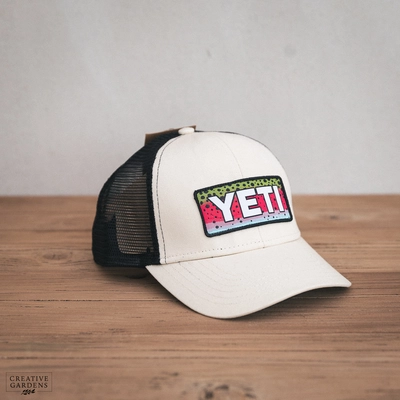 Yeti Rainbow Trout Logo Badges Trucker Hat Cream Creative Gardens