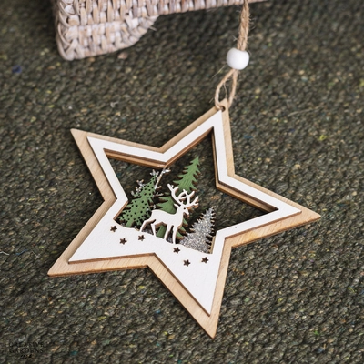 12cm Hanging Wooden White Star With Reindeer