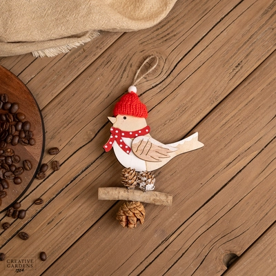 12cm Wooden Robin With Red Hat And Pinecone