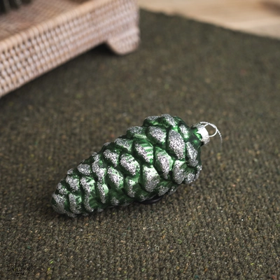 13cm Green & Silver Pine Cone Shaped Tree Decoration