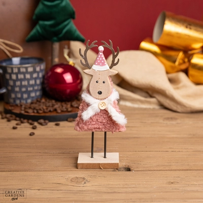 19cm Wooden Reindeer With Pink Fur And Pink Hat