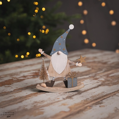21Cm Wooden Rocking Santa With Blue Trees/Parcels