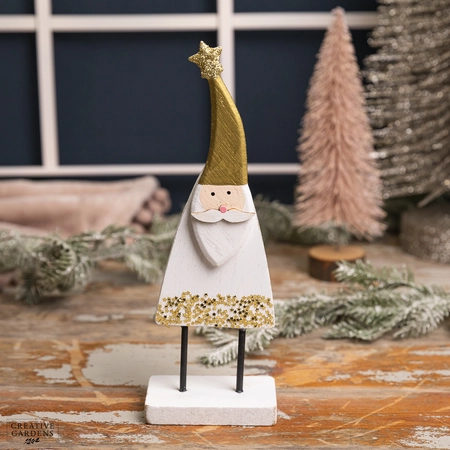 25cm White Wooden Santa With Gold Glitter