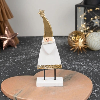 25cm White Wooden Santa With Gold Glitter