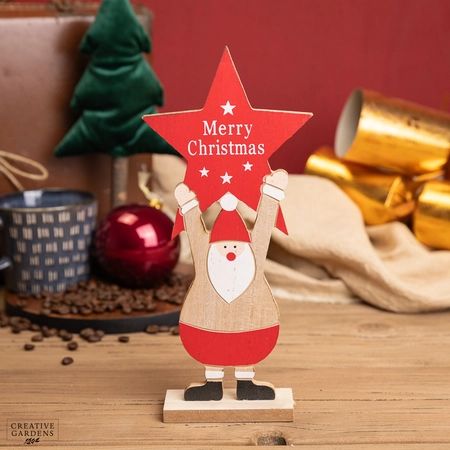 25cm Wooden Red & White Santa Merry Christmas Star