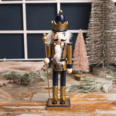 30Cm Wooden Blue And Gold Nutcracker With Spear