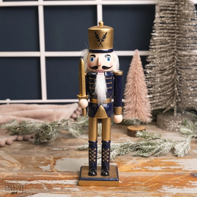 30Cm Wooden Blue And Gold Nutcracker With Sword