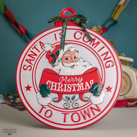 47cm Round White & Red Metal Santa Sign