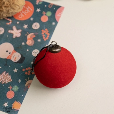 8cm Flocked Hanging Ball - Red