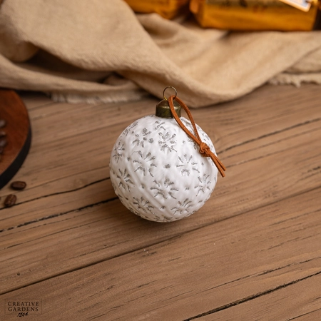 8cm White Glass Bauble With Gold Floral Design Glass Bauble