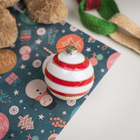 8cm White Glass Bauble With Red Stripes