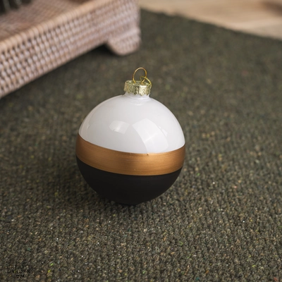 8cm White, Gold & Black Stripe Glass Bauble