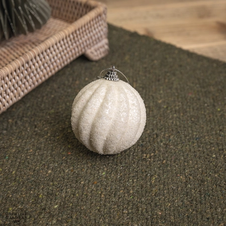 Curved Line Glittery Beaded Foam Bauble - Winter White