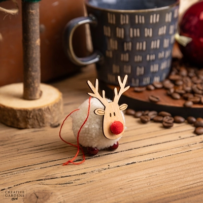 White Woollen Ball Deer With Wooden Head